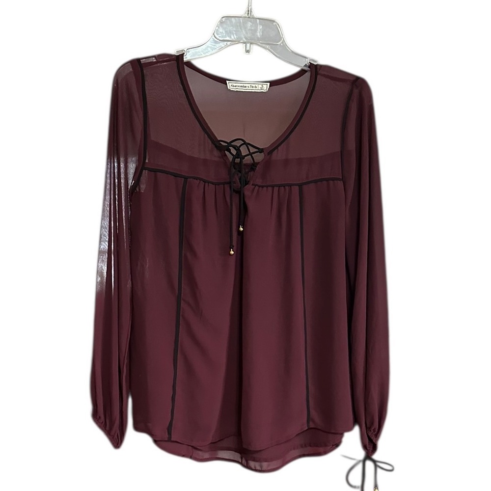 Abercrombie & Fitch Burgundy Sheer Lace Up Chiffon Blouse Size S Wine Boho Top‎